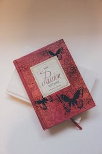 Red journal with floral and butterfly cover design against a soft background.
