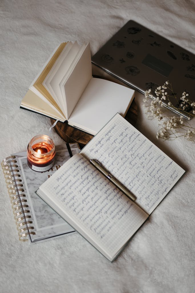 A serene writing setup featuring notebooks, a lit candle, and a laptop in a cozy indoor setting.