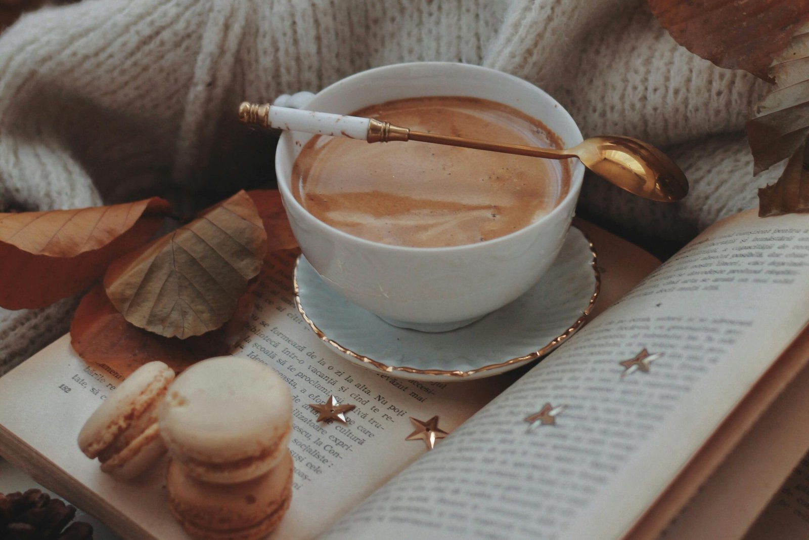 Warm autumn setting with coffee, macarons, and cozy knitwear.