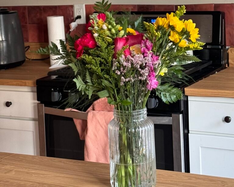 Flower arrangement on a kitchen counter